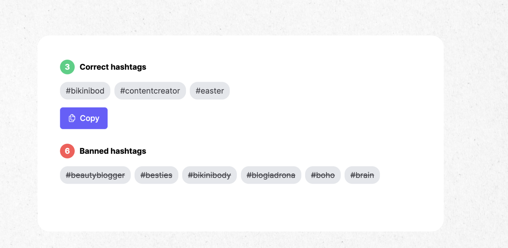 screenshot from banned hashtags checker